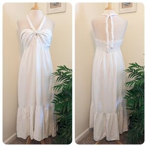 Aerie White Smocked Braided Halter High Low Linen Maxi Sundress XL